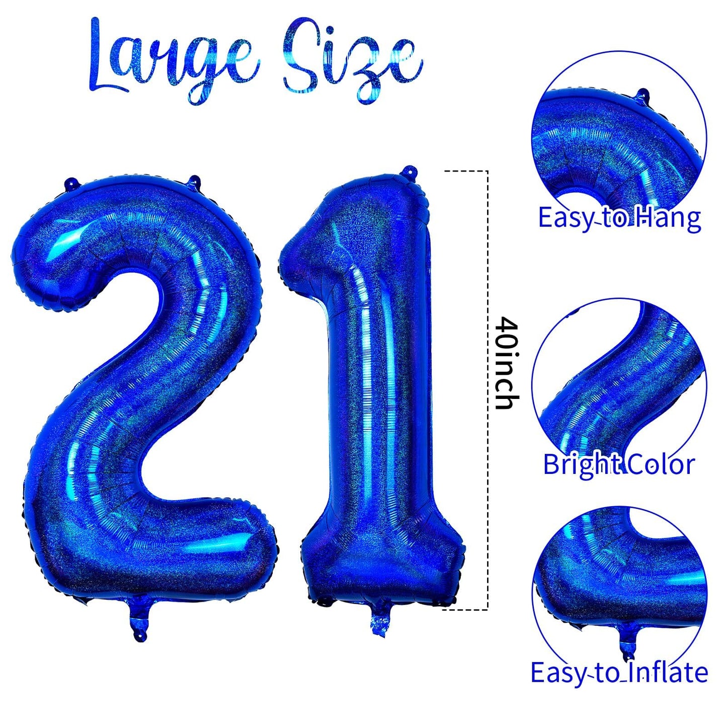 Number 21 Balloon 40 Inch, Laser Blue Big Number Balloon, Giant Mylar 21St Balloons Number, Helium Birthday Balloons For Teenage