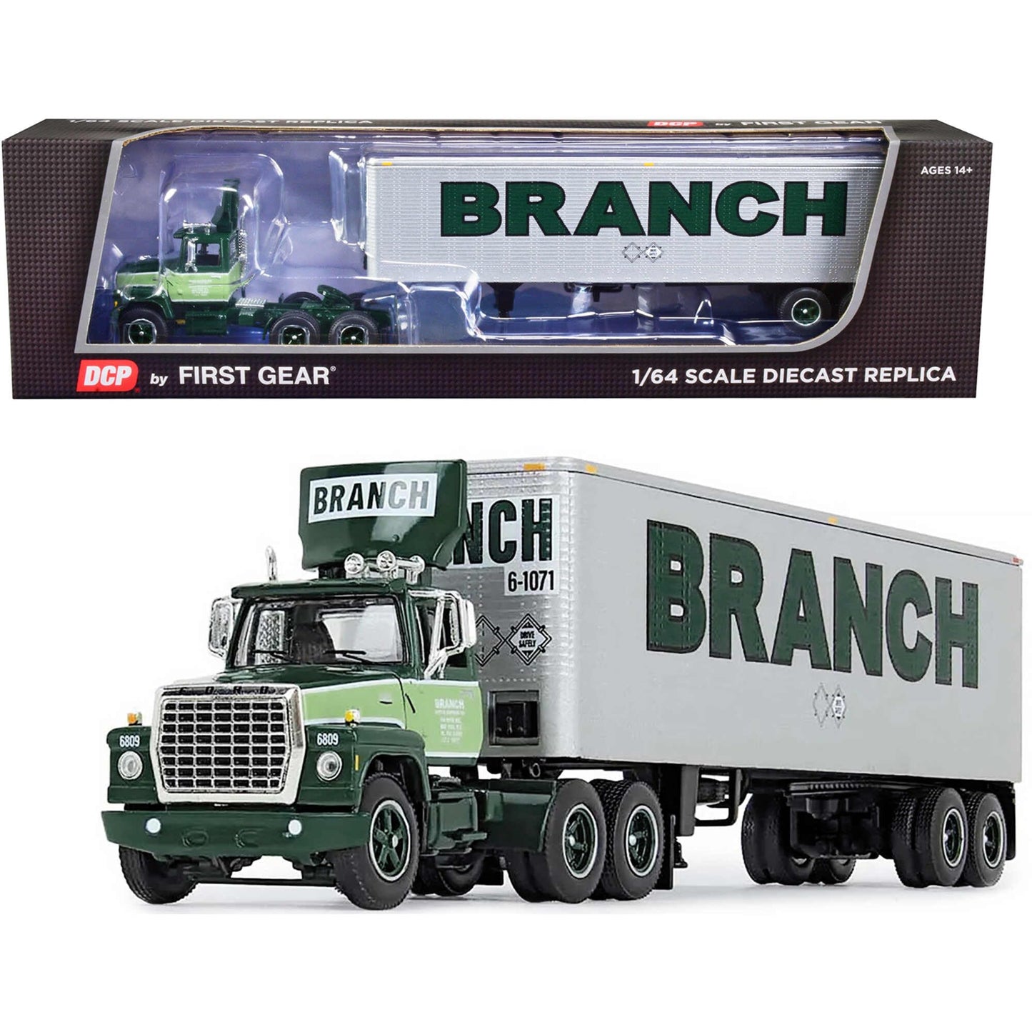 Ford Lt-9000 Day Cab With Vintage 40' Dry Goods Tandem-Axle Trailer Green ''Branch Motor Express'' 1/64 Diecast Model By Dcp/Fir