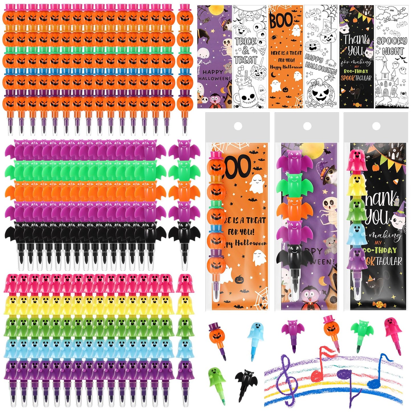 MotiMind 48 Set Halloween Crayons Party Favors Bat Pumpkin Ghost Stackable Crayons with Drawable Cards Kids Halloween Party Gift