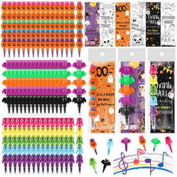 MotiMind 48 Set Halloween Crayons Party Favors Bat Pumpkin Ghost Stackable Crayons with Drawable Cards Kids Halloween Party Gift