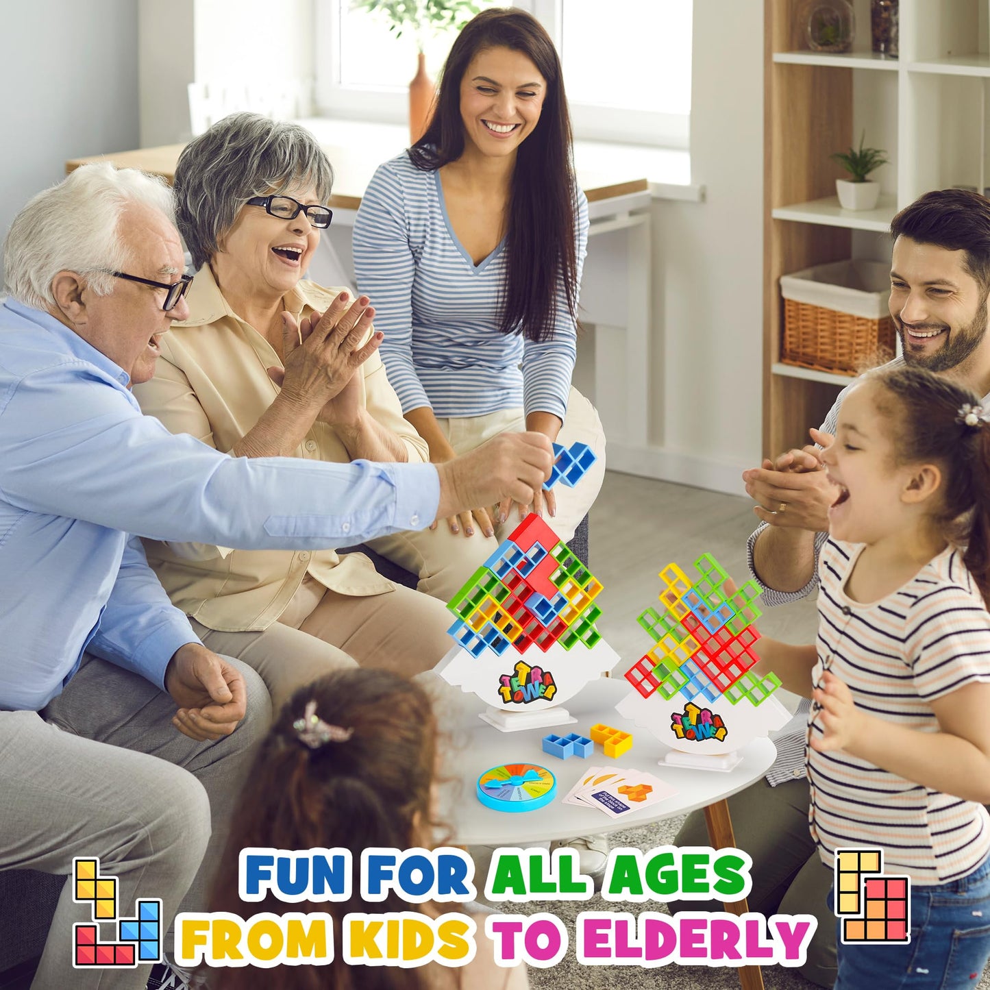 WOWNOVA Deluxe Tetra Tower Game - 64PCS Stacking Blocks for Family Fun, Includes Prize Wheel & Storage Box, Ideal for Kids & Adults