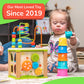 TOYVENTIVE Wooden Activity Cube - Montessori Sensory Toy for 1-2 Year Olds, Blue Table-Top Size, Perfect Birthday Gift with Bonus First Words Book