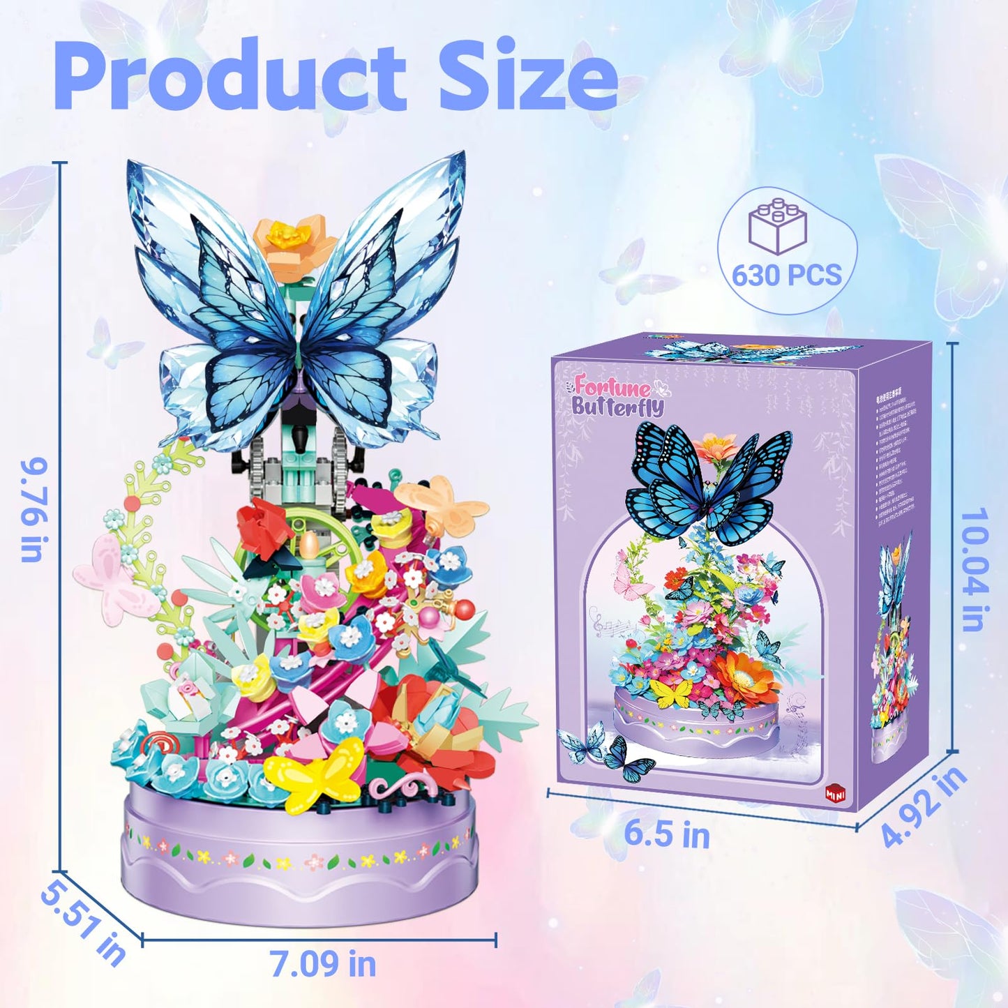 Flower Bouquet Building Kit With Led Light, 630 Pcs Butterfly Flowers Mini Bricks Building Blocks Sets Botanical Collection Deco