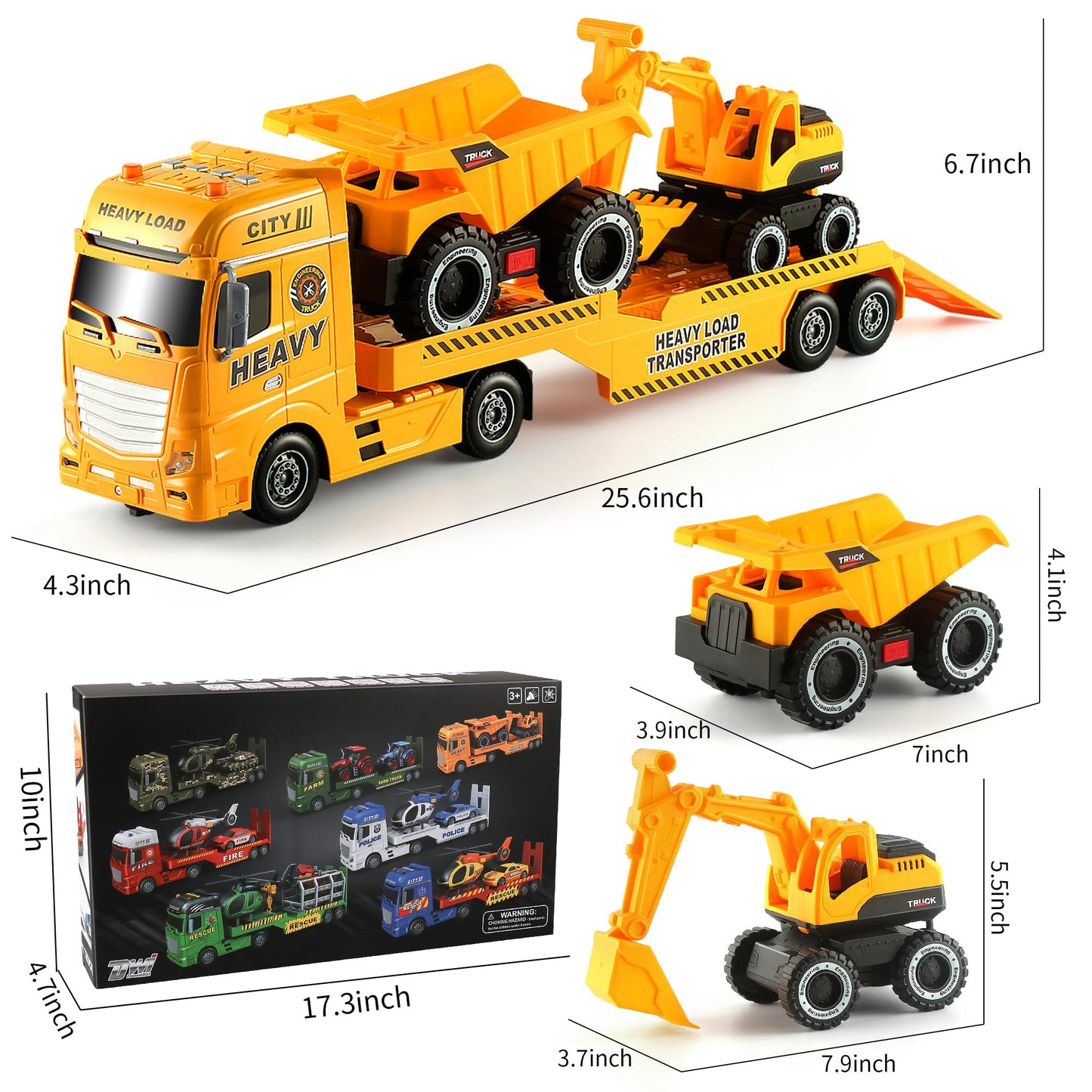 Dwi Dowellin Construction Carrier Truck Toy, 25.6" Excavator & Dump Truck, Yellow, Model 666-68F, for Kids Ages 3-6+
