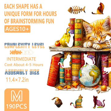 Wooden Puzzles for mature-themeds  Dreamy Tabby Cat Wooden Jigsaw Puzzles for mature-themeds  Library Kitten Wood Puzzles mature-themed  Unique Animal Shape  Gifts for Cat Lovers & Friends  Home Decor (M-11.4 * 7.2in-190pcs)