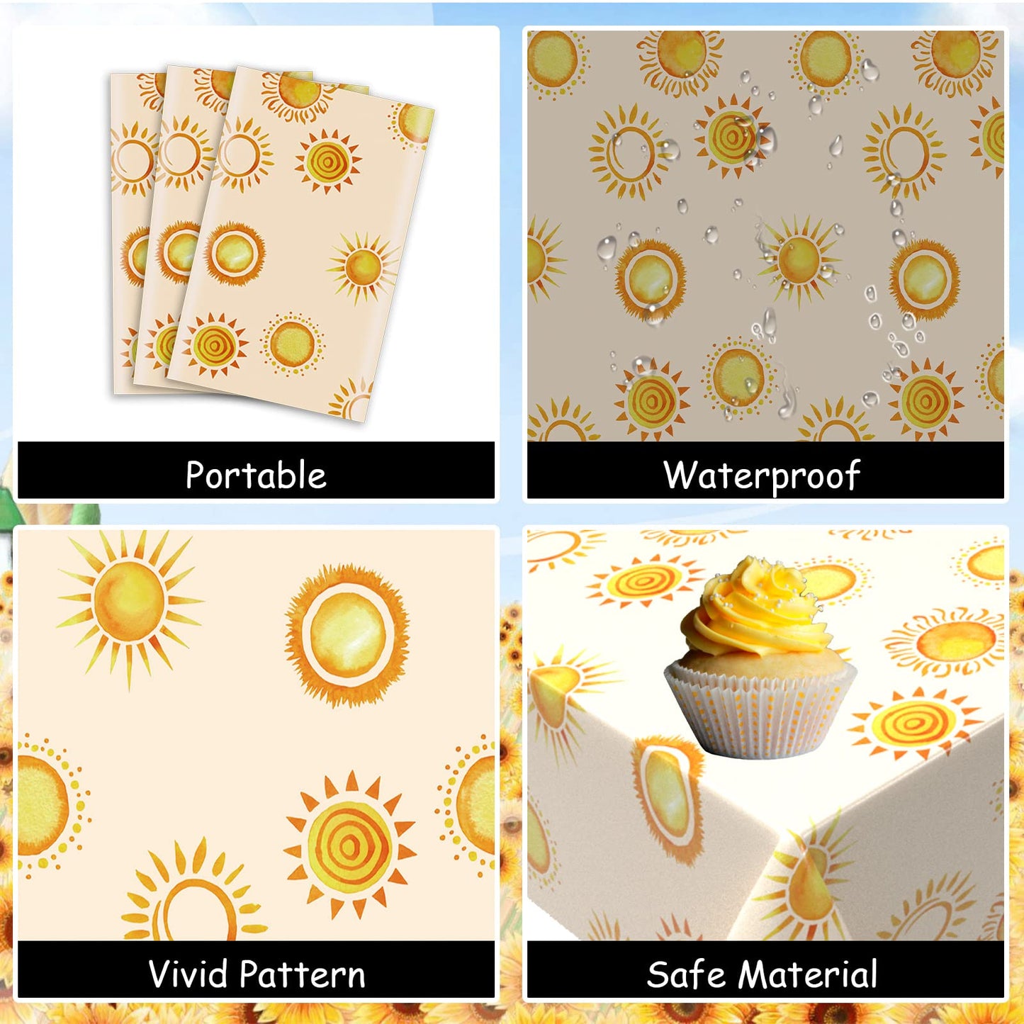 Sun Tablecloths Boho Hippie Sunshine Yellow Table Cloths First Trip Around The Sun Disposable Waterproof Plastic Rectangle Table