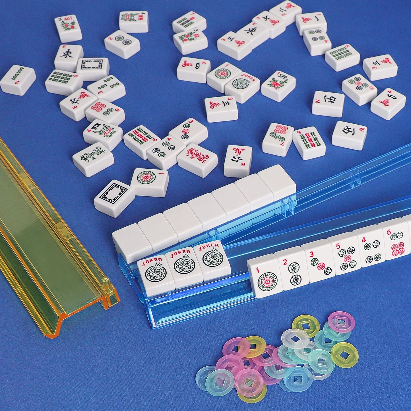 Gustaria All-In-One Tile Rack & Pusher, Clear Acrylic Mahjong Combo, Modern American Majiang Tile Set Of 4, Multi Color
