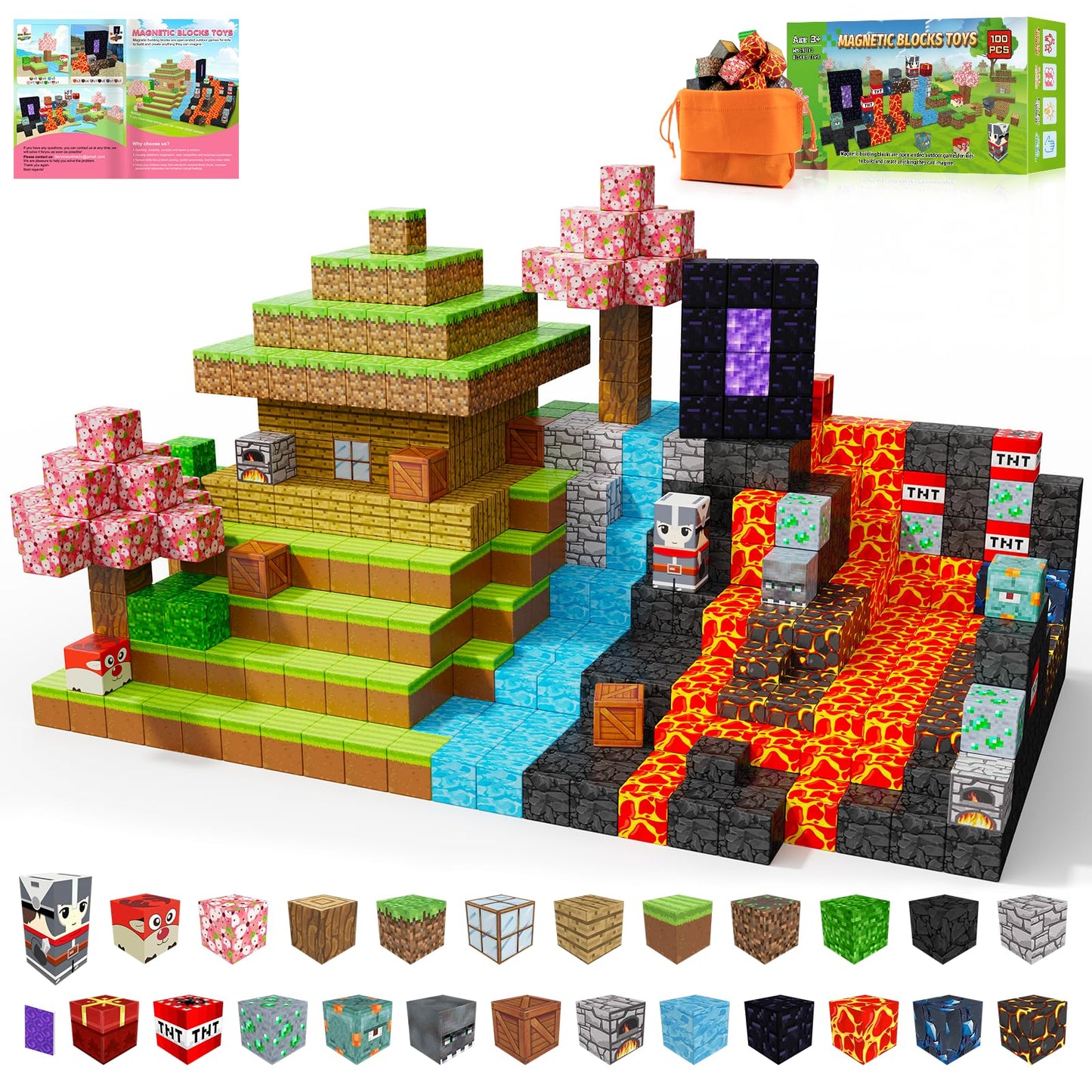 OLIA DESIGN Magnetic Blocks, 100PCS Build Magnet Magic Portal Set, Build with Cubes Tiles, STEM Building Game Sensory Surprise f