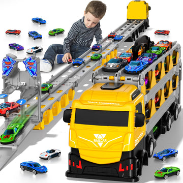 MSKOLER Racing Car Railway Truck Toy for Boys 2 3 4 5 6 7 Years Old - 78.7-inch Transport Carrier Trucks, Foldable Railway Stora