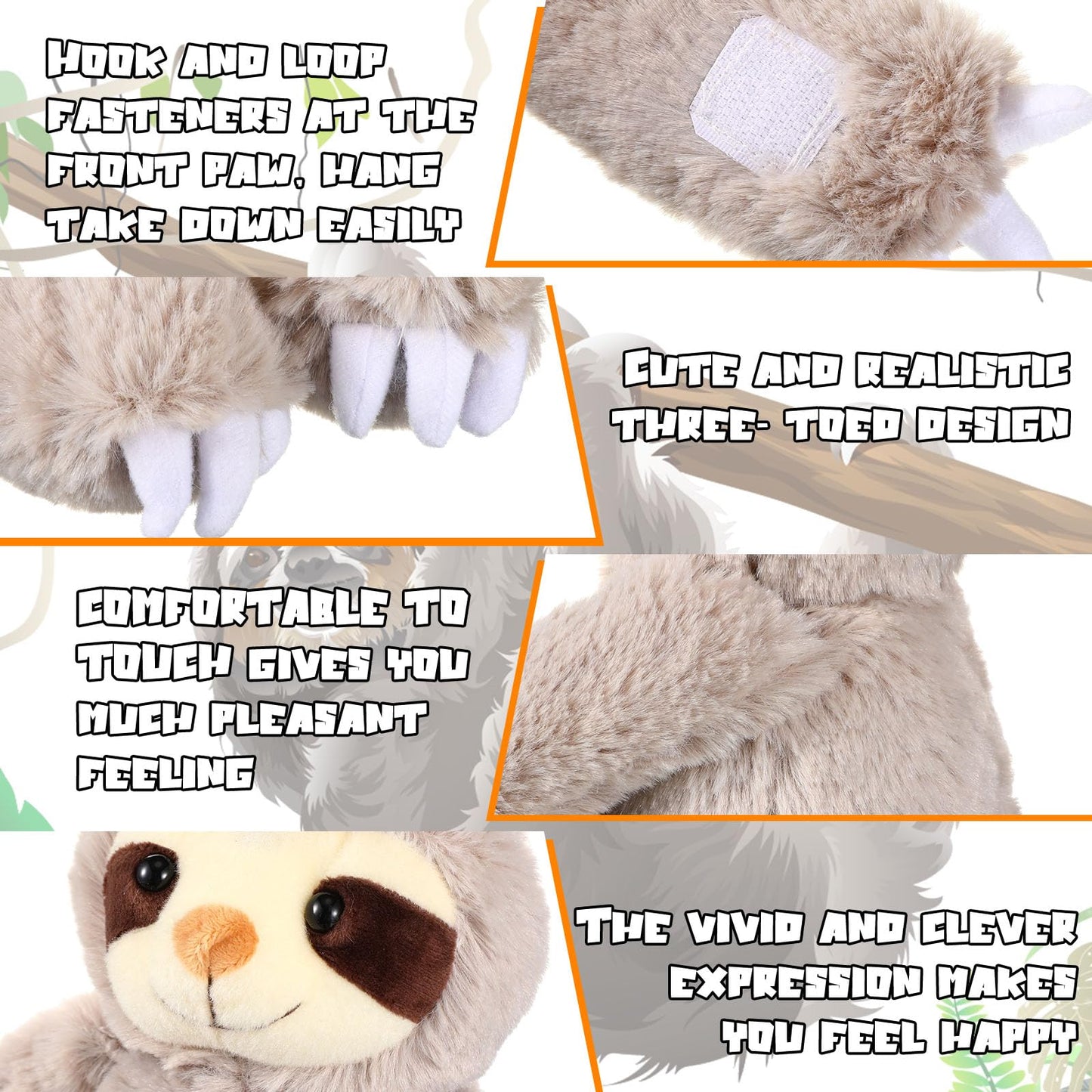 Queekay 2 Packs Sloth Stuffed Animal Hanging 18 Inch Three Toed Sloth Plush Toy With Hook And Loop Hands For Teens Adults Gifts Decors(Gray)