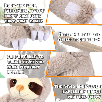 Queekay 2 Packs Sloth Stuffed Animal Hanging 18 Inch Three Toed Sloth Plush Toy With Hook And Loop Hands For Teens Adults Gifts Decors(Gray)