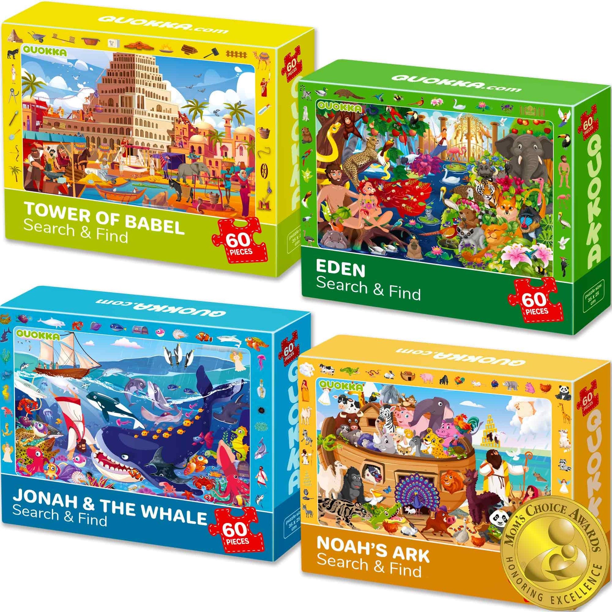 Quokka 60 Piece Kids Puzzles Ages 5-8 - Set Of 4 Bible Jigsaw Puzzles For Kids 4-6-10 Year Old - Tower Of Babel - Noah`S Ark - Eden Toys For Children 5-7 Yo - Christian Gifts For Boys & Girls