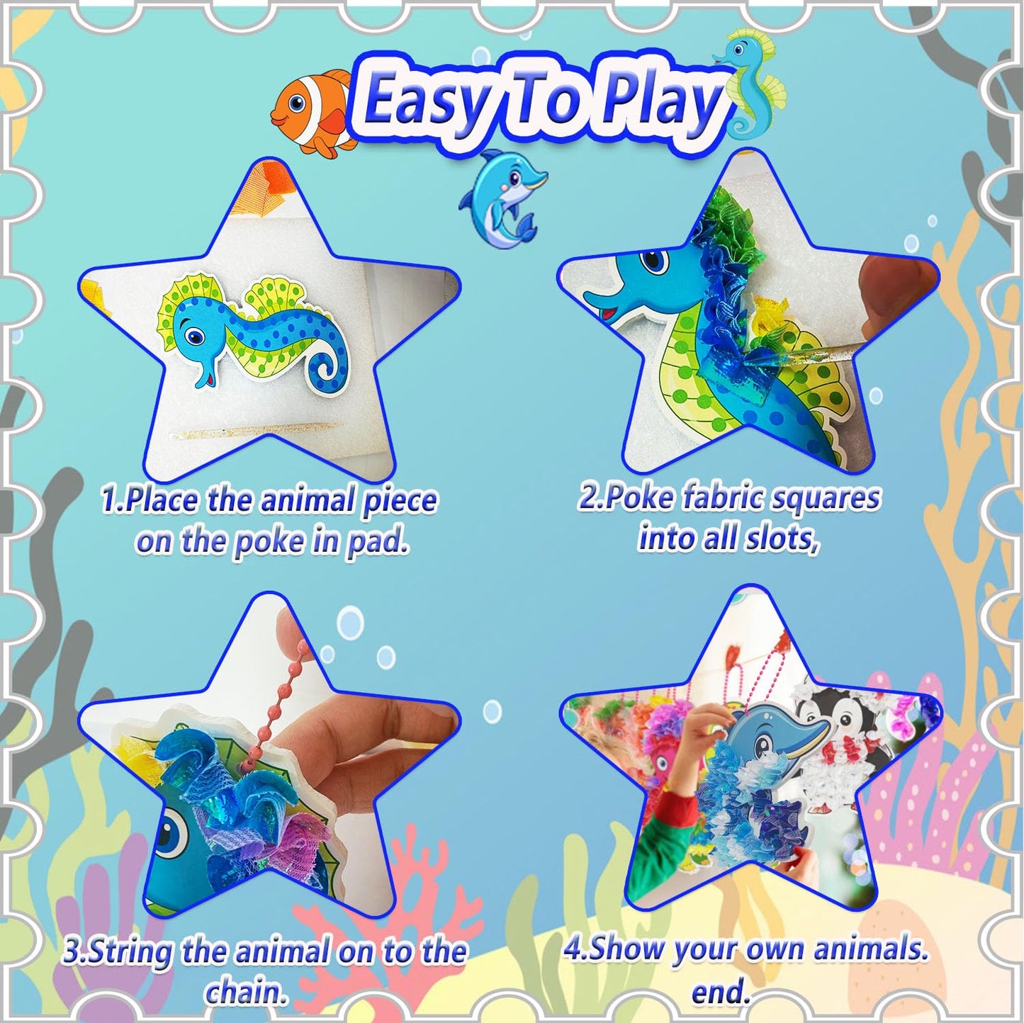 mom&myaboys Mess-Free Poke Art for Kids Ages 4-8 - Ocean Animals Craft Kit (8 Sea Creatures: Jellyfish, Dolphin, Turtle & More)
