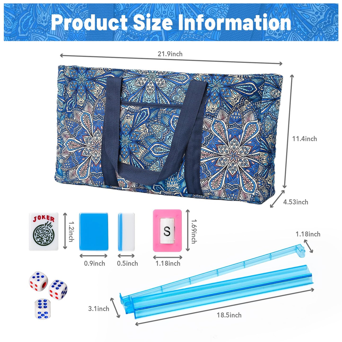 Kyerlish American Mahjong Tile Set with Blue Printed Carrying Bag  166 enhanced Tiles  4 All-in-One Color Racks/Pushers  Mah Jongg Sets  Mahjong Game Set for Travel  Christmas  Birthday Gifts