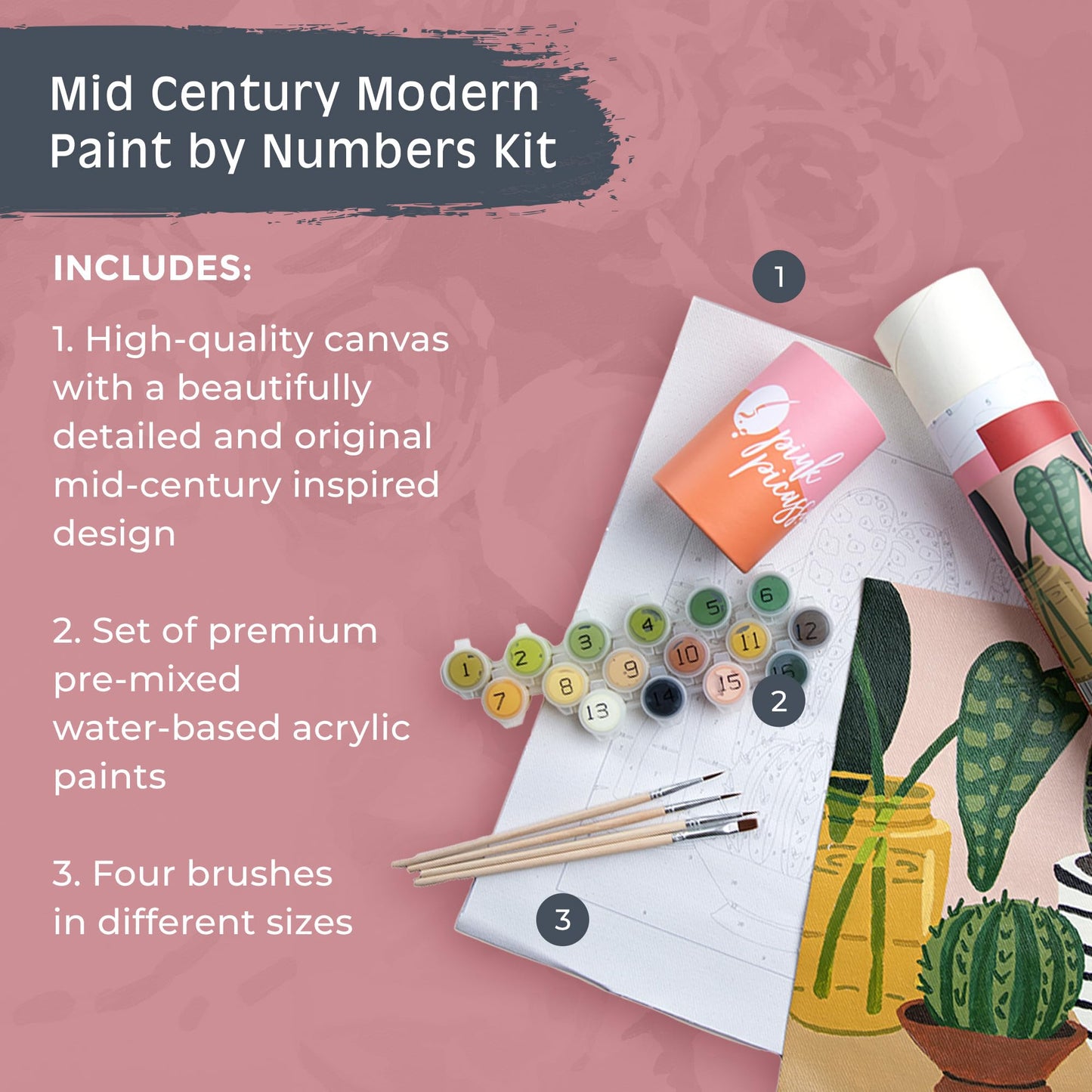 Pink Picasso Kits Mid Century Modern Paint By Number For Kids Ages 5-12 | Diy Beginners Kids Craft Kit Acrylic Paint Canvas Pain