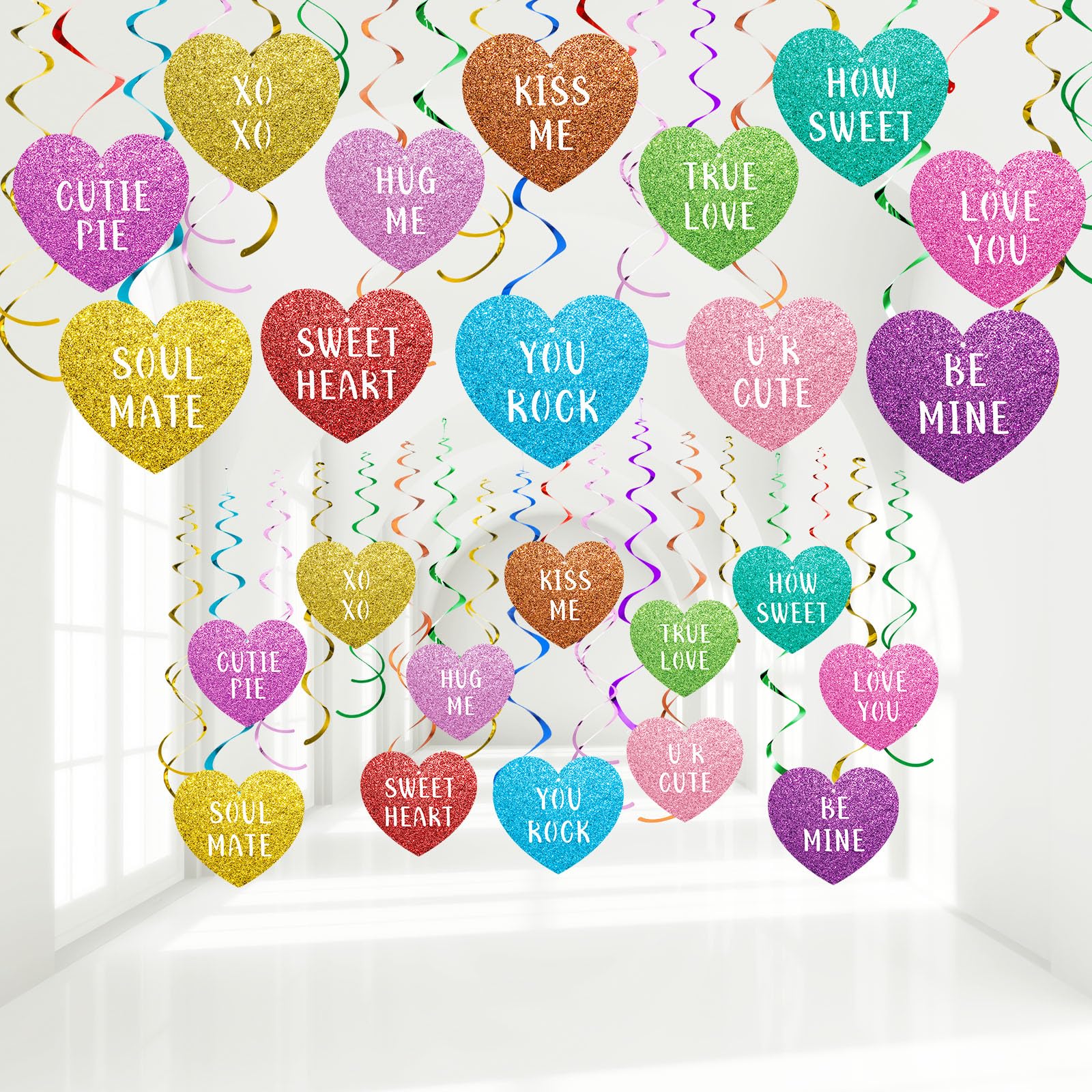 Faccito 30 Pcs Valentines Day Hanging Decorations Valentines Day Glitter Hearts Swirl Ceiling Hanging Ornaments Conversation H