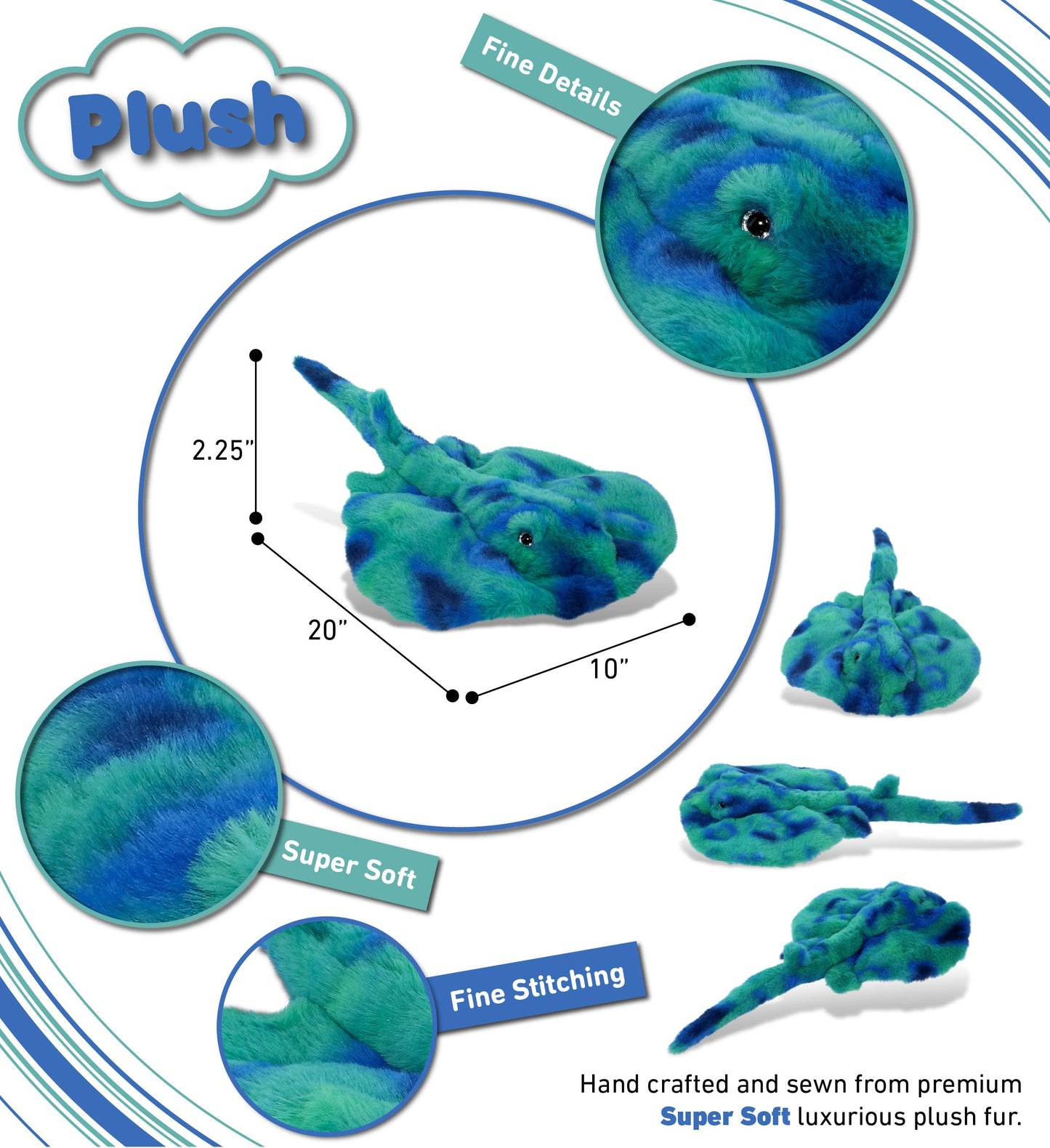 DolliBu Blue Tie-Dye Stingray Plush - Super Soft Stuffed Animal, 20 Inches, Ideal Gift for Kids & Nursery Decor