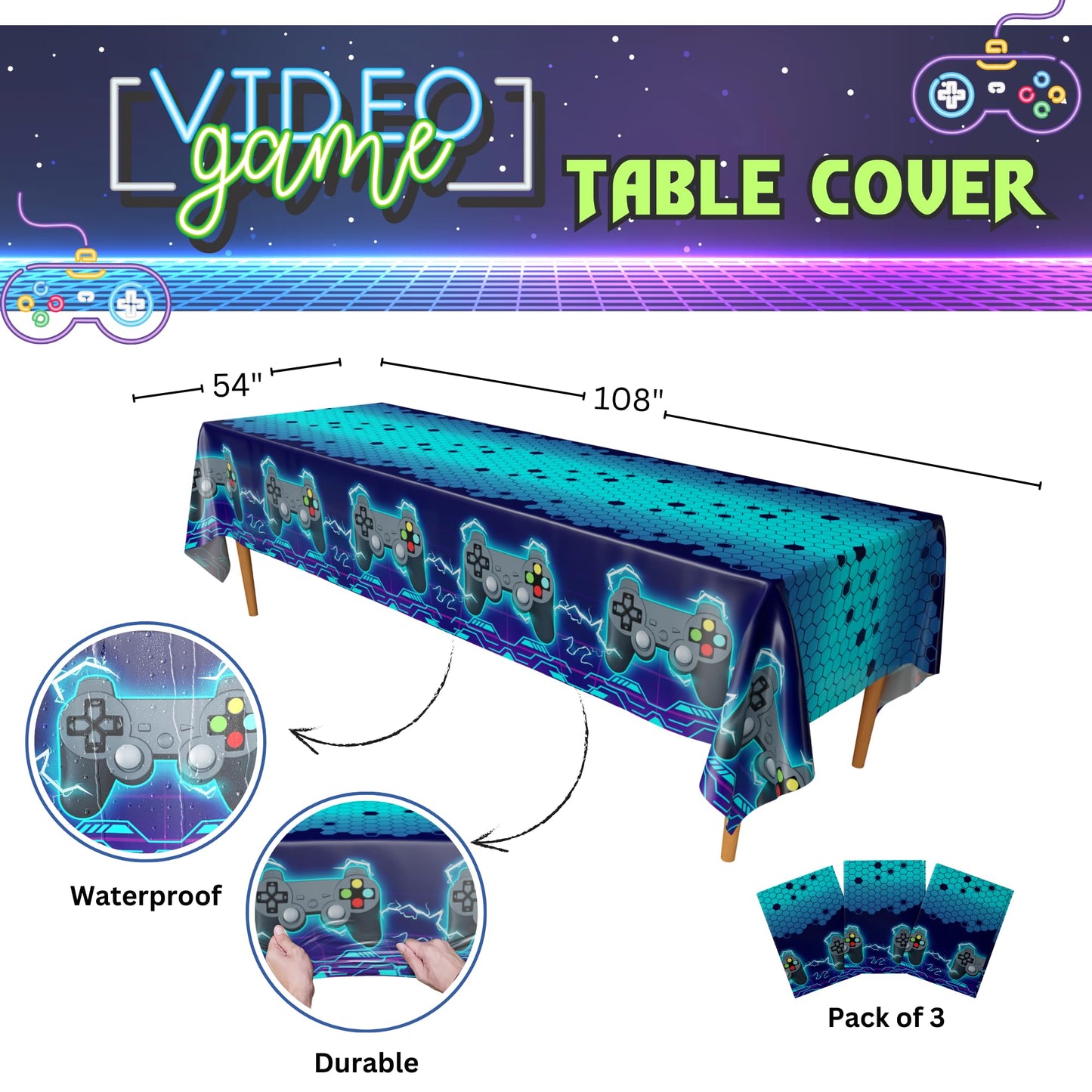 Blue Orchards Video Game Table Cover (Neon Blue) - Pack Of 3-54'X108' Xl - Gamer Party Supplies, Gamer Themed Decorations, Party Decorations For Boys, Retro Gamer Party