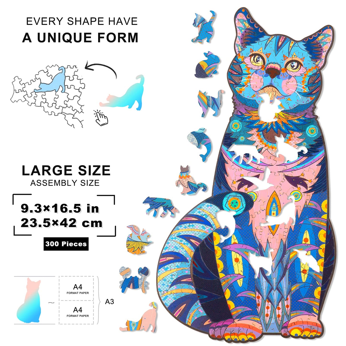 Wooden Puzzles for mature-themeds  Wooden Cat Jigsaw Puzzles with Animal Shaped Pieces  Unique Wood Cats Puzzle mature-themed  Ideal for Cat Lover (16.5?9.3 inches) 300 pcs - L