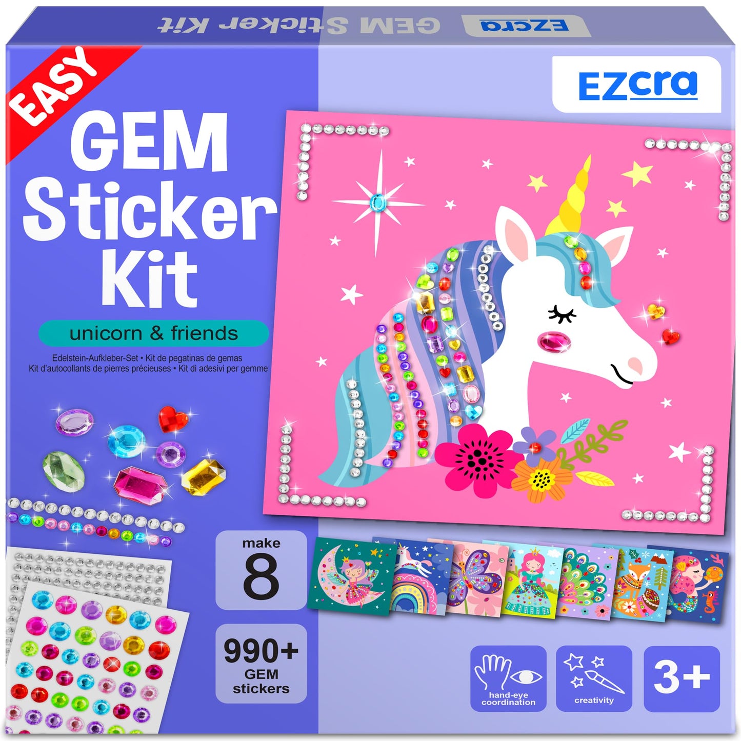 EZCRA Easy Arts and Crafts for Kids - Fun Gem Sticker Kit - 8 Unicorn Princess Themes, 990+ Stickers - Gem Art for Kids - Diamon