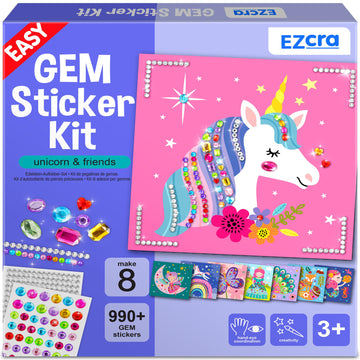 EZCRA Easy Arts and Crafts for Kids - Fun Gem Sticker Kit - 8 Unicorn Princess Themes, 990+ Stickers - Gem Art for Kids - Diamon