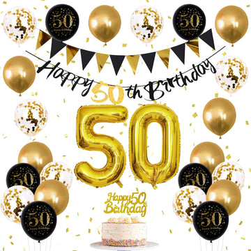 Jobkoo 50Th Birthday Decoration Men, 50Th Birthday Black Gold Latex Balloons Black Happy 50Th Birthday Banners 50 Cake Toppers 5