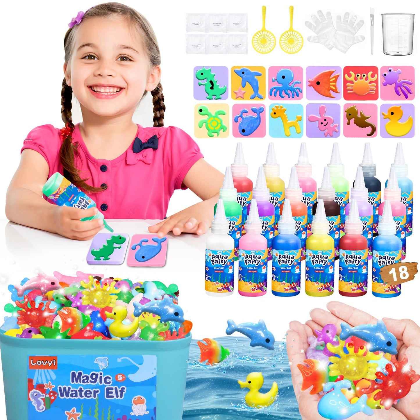 Lovyi Magic Water Elf Toy Kit,Aqua Fairy Water Gel Kit,DIY Squishy Maker with 18 gels &12 Shape Toolings,Magic Gel Water Pets,Sq