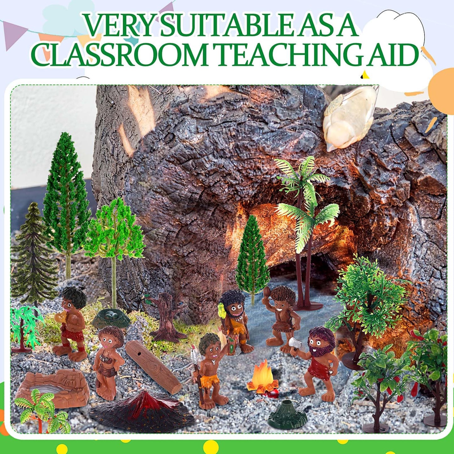 Roundfunny 27 Pcs Primitive Man Figurines Kit, Include Diorama Supplies Mini People Figures Mixed Model Trees Stone Sand For Dio