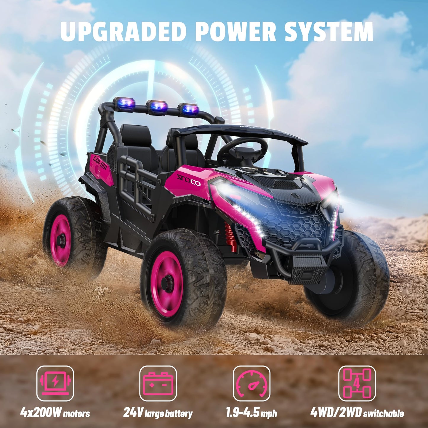 Arbeli 24V 2 Seater Ride On Car Truck, 4X200W, Eva Tires, 4Wd/2Wd, Rainbow Lights, Remote Control, Shock Absorbers, Bluetooth, R