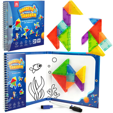Coogam Magnetic Travel Tangram Puzzle With 3D Building Blocks, Road Trip Pattern Shape Handwriting Jigsaw Books With 360 Brain Teasers, Montessori Educational Toy Gift For Kids Adults