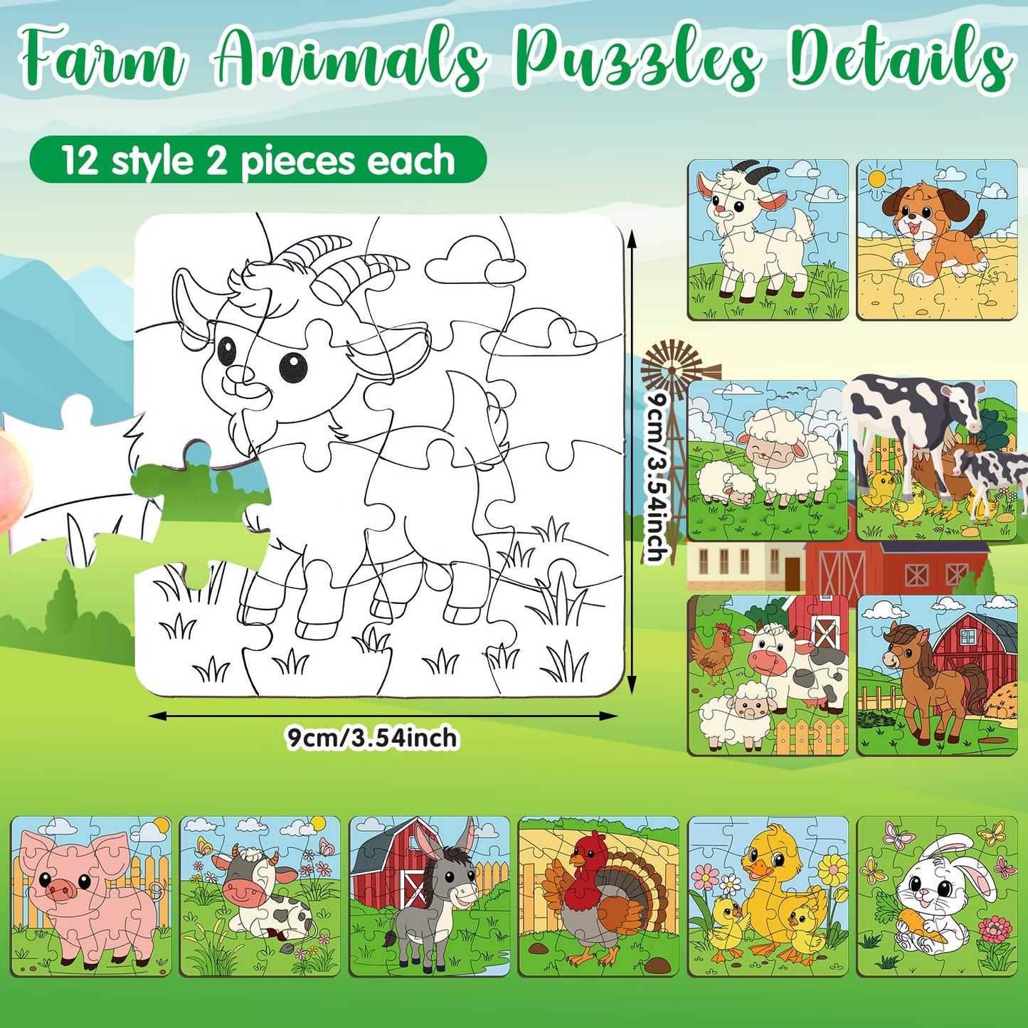 Realspring 24 Pack Farm Animal Jigsaw Puzzles for Kids, DIY Coloring Crafts, 3.94x3.94 inches, Paper, Model CHU-Realspring-2733