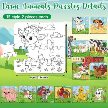 Realspring 24 Pack Farm Animal Jigsaw Puzzles for Kids, DIY Coloring Crafts, 3.94x3.94 inches, Paper, Model CHU-Realspring-2733