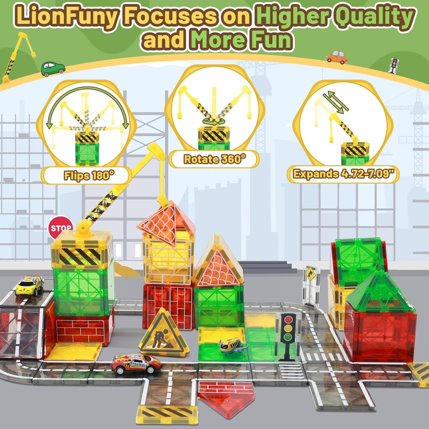 Lionfuny Magnetic Tiles, Magnetic Blocks Magnetic Road Tiles Set, Magnets Construction Toys For Kids Ages 3-5 4-8 8-12, Toddlers