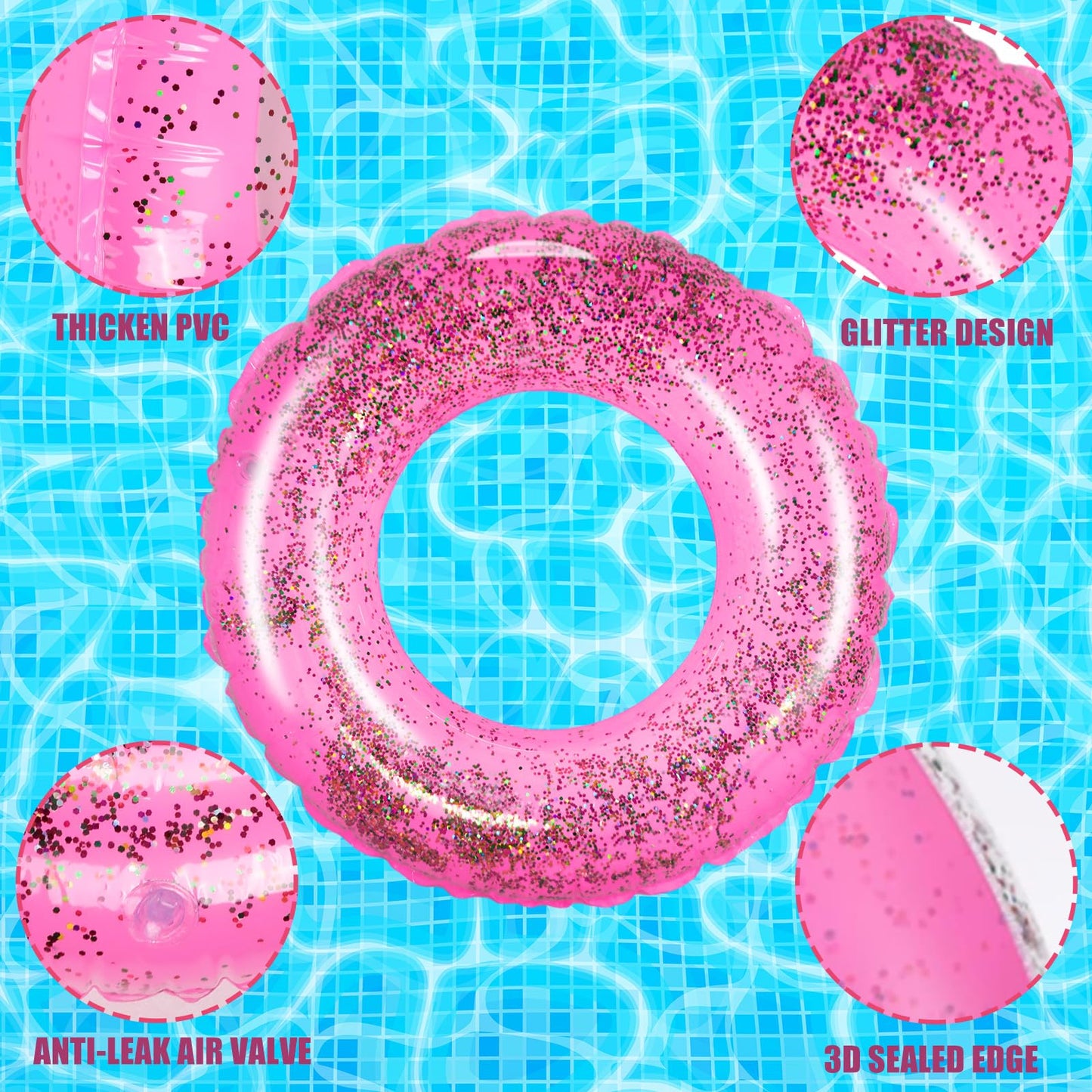 Whaline 4Pcs Inflatable Pool Floats Toys Swim Tubes Rings Glitter Pink Pool Tube for Teen Boys Girls Outdoor Summer Swimming Poo