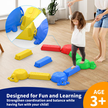 16 Pcs Balance Beam And Stepping Stones For Kids - 4 Turtle Shape Stepping Stones And 12 Connectable Beams With Sound Feature,Co