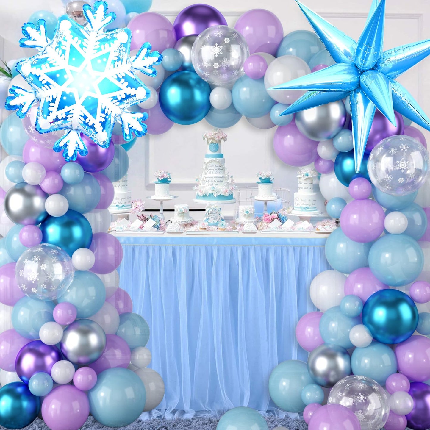 Frozen Balloon Garland Arch Kit, Snowflake Pearl Blue Purple Metallic Purple Blue Silver And White Balloons For Winter Wonderlan