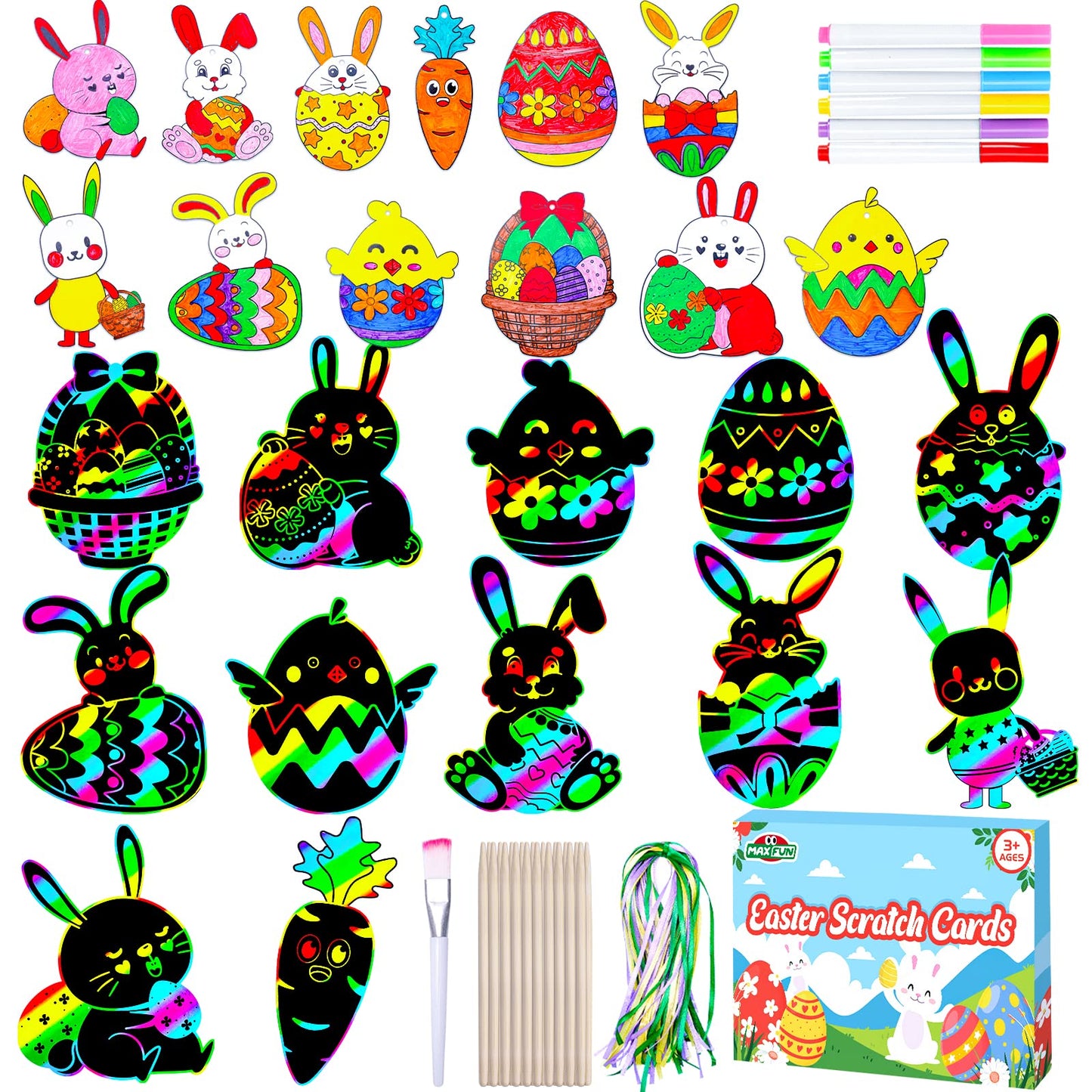 Max Fun Easter Crafts Kit Rainbow Color Scratch Paper Easter Ornaments (48 Counts)-Easter Craft Kit for Kids Easter Basket Stuff