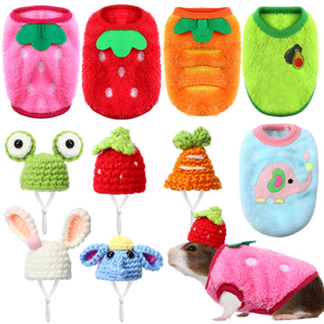 Clysee 10 Pcs Guinea Pig Clothes, 5 Guinea Pig Costume Outfit, 5 Mini Hat with Adjustable Strap Small Animal Warm Vest Sweater C