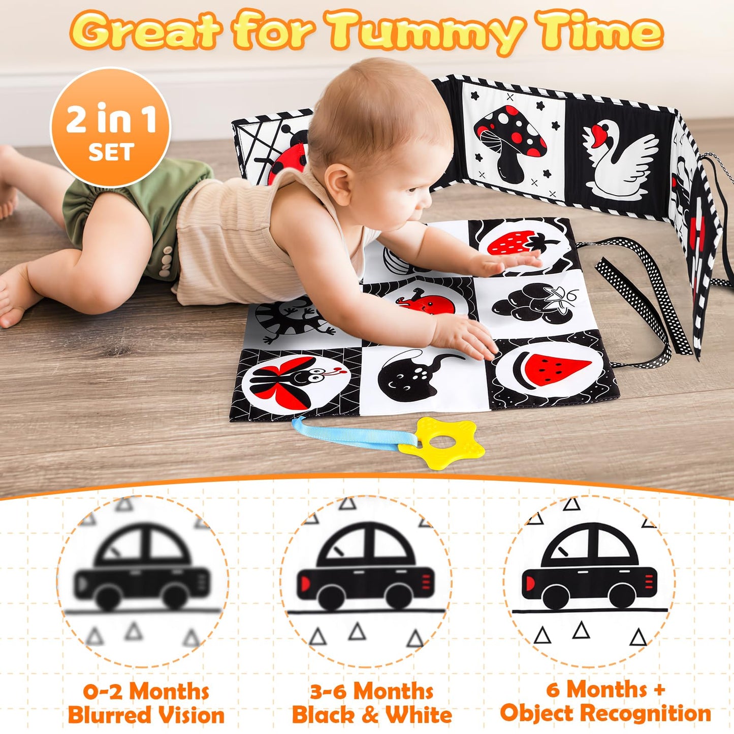 Black And White High Contrast Baby Toys 0-6 Months Montessori Tummy Time Toys Sensory Crinkle Toys For Baby Newborn Infant 0-3 3-6 Months Soft Cloth Books Carseat Toys For Baby Boy Girl Gifts