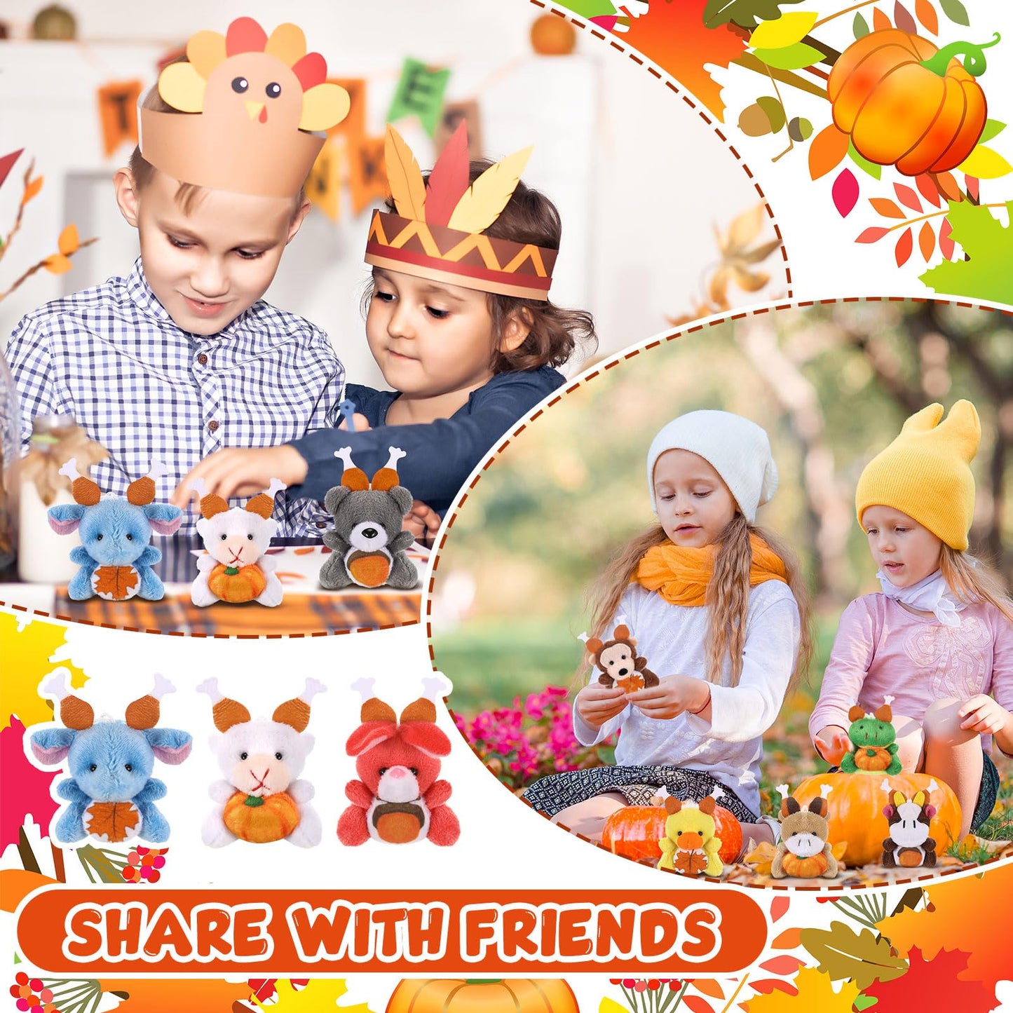 Blueweenly 24 Pcs Mini Thanksgiving Stuffed Animal Bulk Fall Small Plush Stuffed Animal Toy With Pumpkin Autumn Plush Keychain Decorations Tiny Thanksgiving Plush Doll For Party Favor Bag Filler
