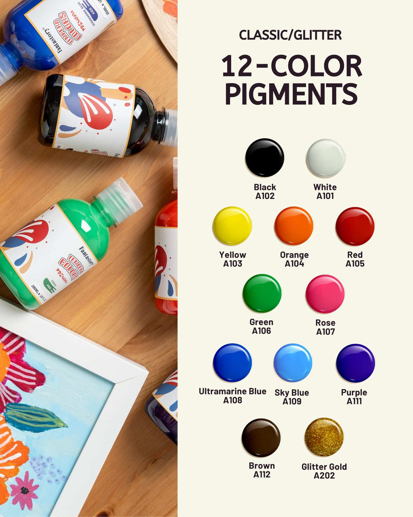 Fantastory Tempera Paint For Kids 12 Colors (8.4 Oz Each) Washable Tempera Paint, Kids Poster Paint Sponge Painting, Non-Toxic K