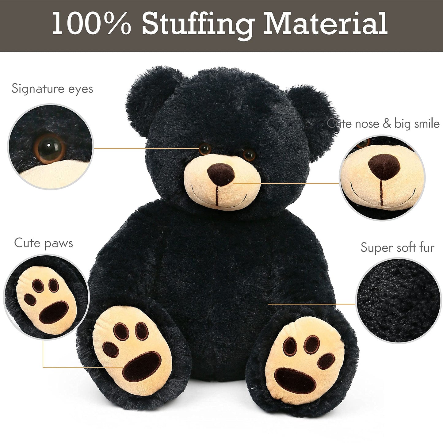 LotFancy 20-Inch Black Teddy Bear Plush Toy - Soft Cuddly Stuffed Animal with Footprints for Kids, Perfect Gift for Baby Shower, Birthday, Christmas