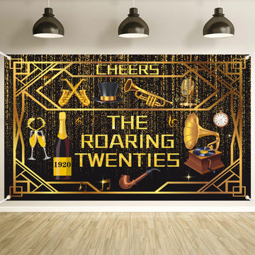 Roaring 20s Party Decorations Banner Roaring 1920s Banner Black and Gold Birthday Vintage Music Themed Speakeasy Decor Backdrop