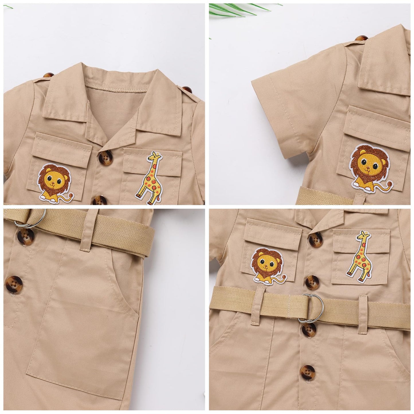 Idopip Baby Girls Safari Outfit Wild Animal Jumpsuit + Hat Toddler Summer Birthday Party Clothes Set Overall Shorts Photo Shoot Bodysuit With Belt Khaki 6-12 Months