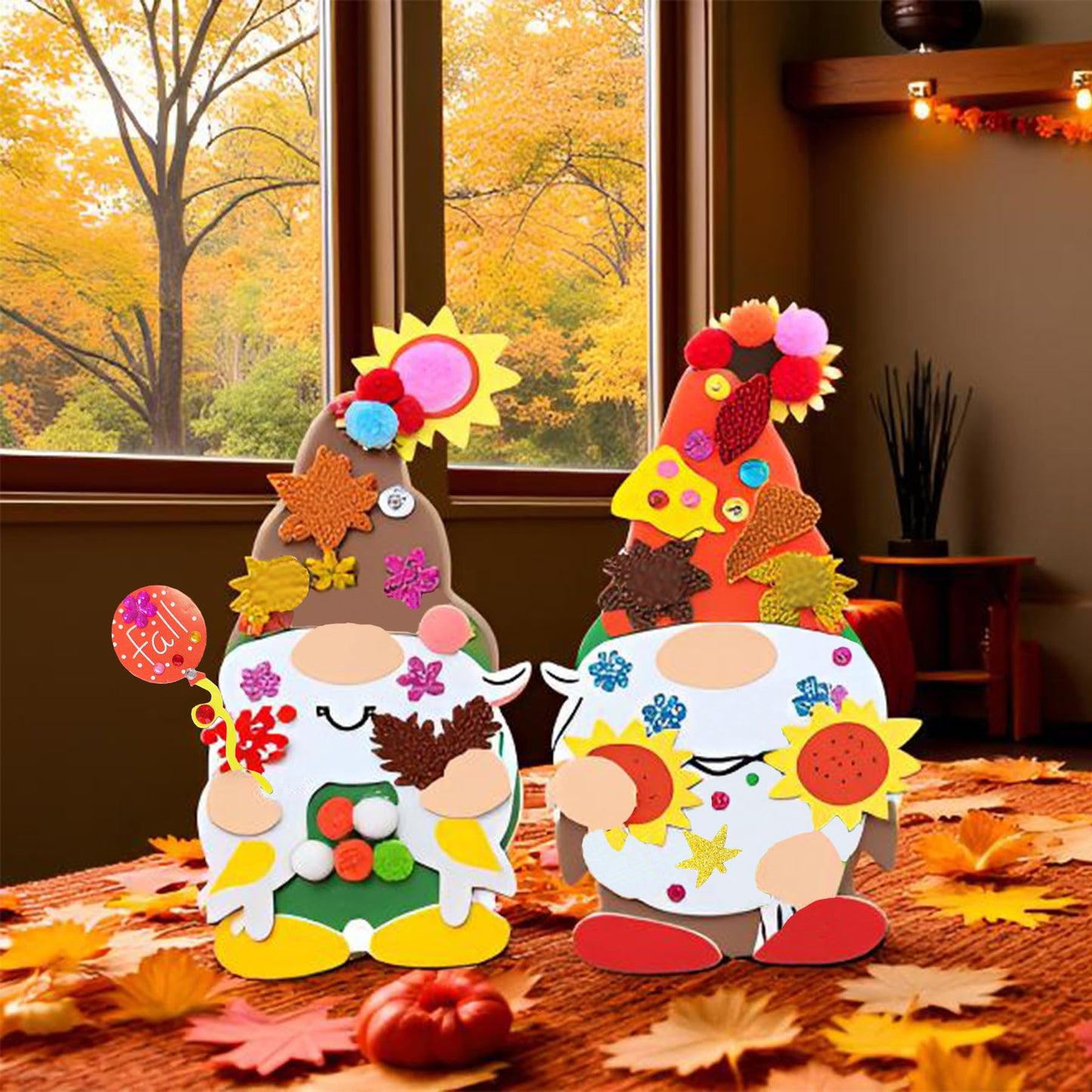 24 Sets Fall Gnome Crafts Kits for Kids,DIY Fall Harvest Gnomes Ornaments Decorations Art with Leaf Pumpkin Sunflower Foam Stick