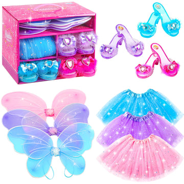 Princess Dresses For Girls Fairy Wings, Bibuty Dress Up Clothes Pretend Play Costumes Trunk With 3 Sets Of Princess Dress Up Shoes, Glitter Girls Tutu Skirts And Butterfly Wings, Toys For 3-6 Yr Girls