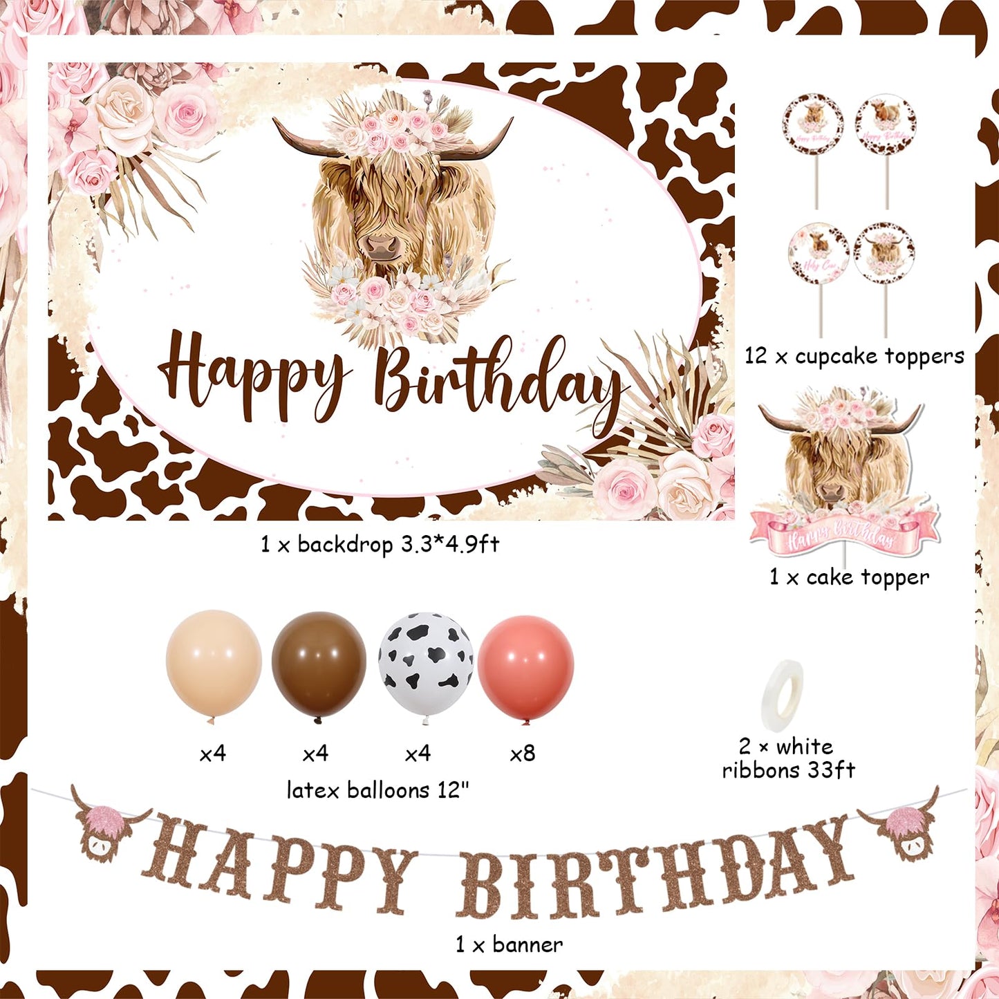 JOYMEMO Boho Highland Cow Birthday Decorations, Pink Beige Latex Balloons & Backdrop, Floral Farm Theme Party Supplies
