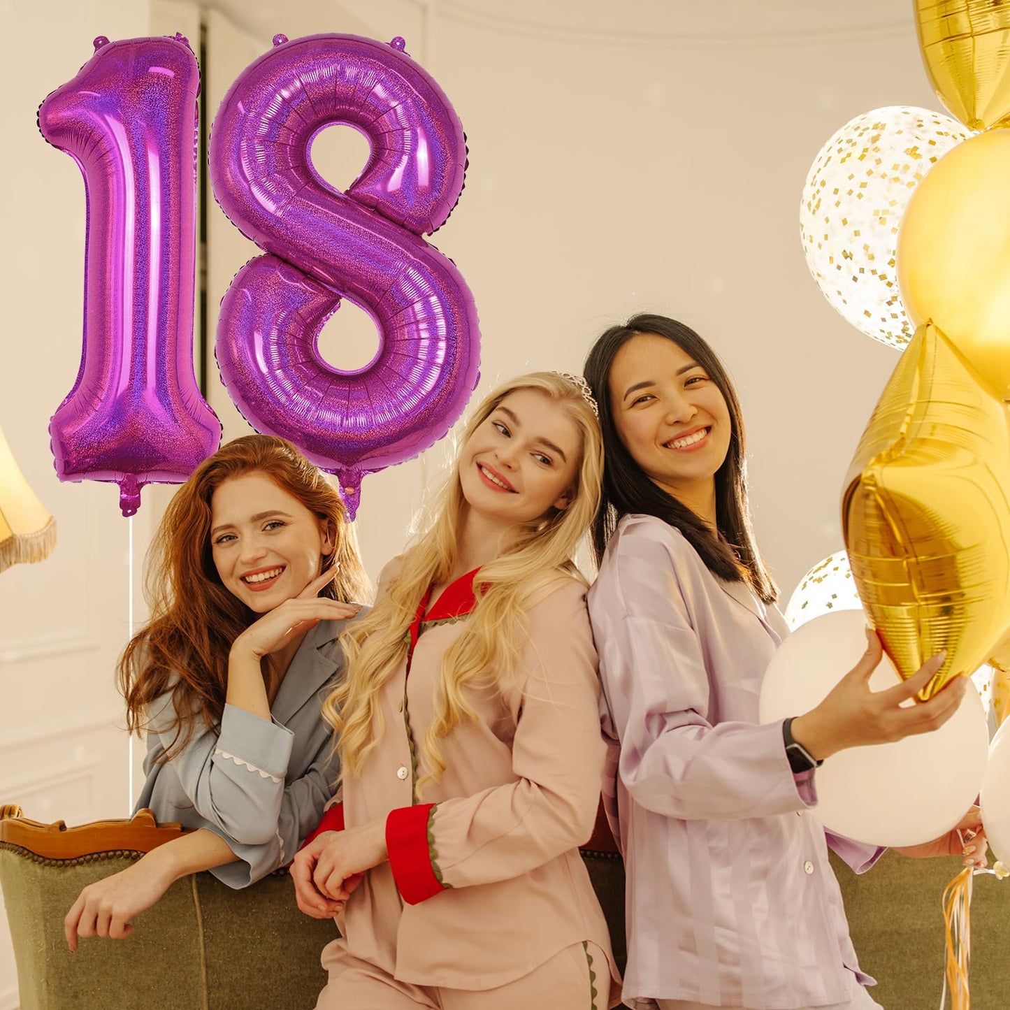 18Th Birthday Laser Hot Pink Balloons, Large Foil Number 18 Balloons For Women Anniversary Decor, 40 Inch Self Inflating Dark Pi