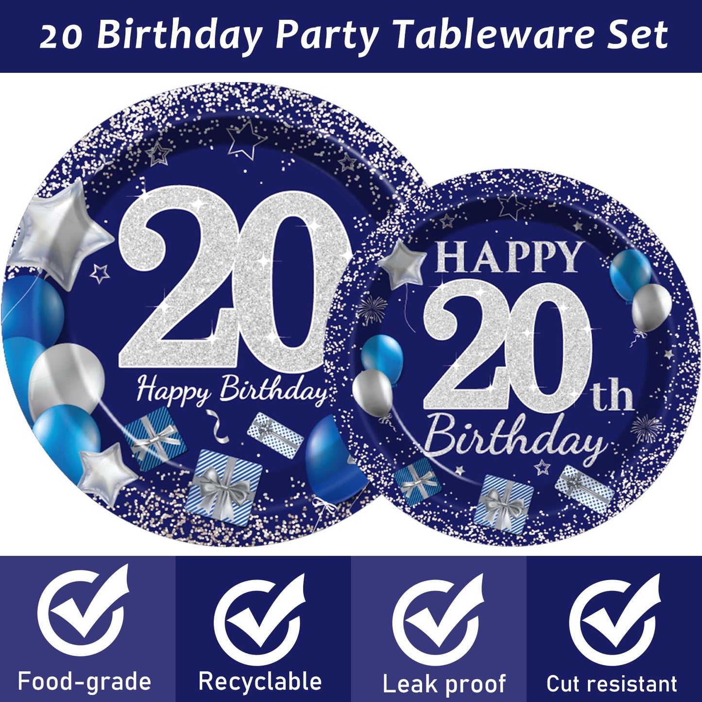 96 Pcs 20Th Birthday Party Supplies Navy Blue And Silver Birthday Plates 20Th Birthday Paper Tableware Happy Birthday Party Plat