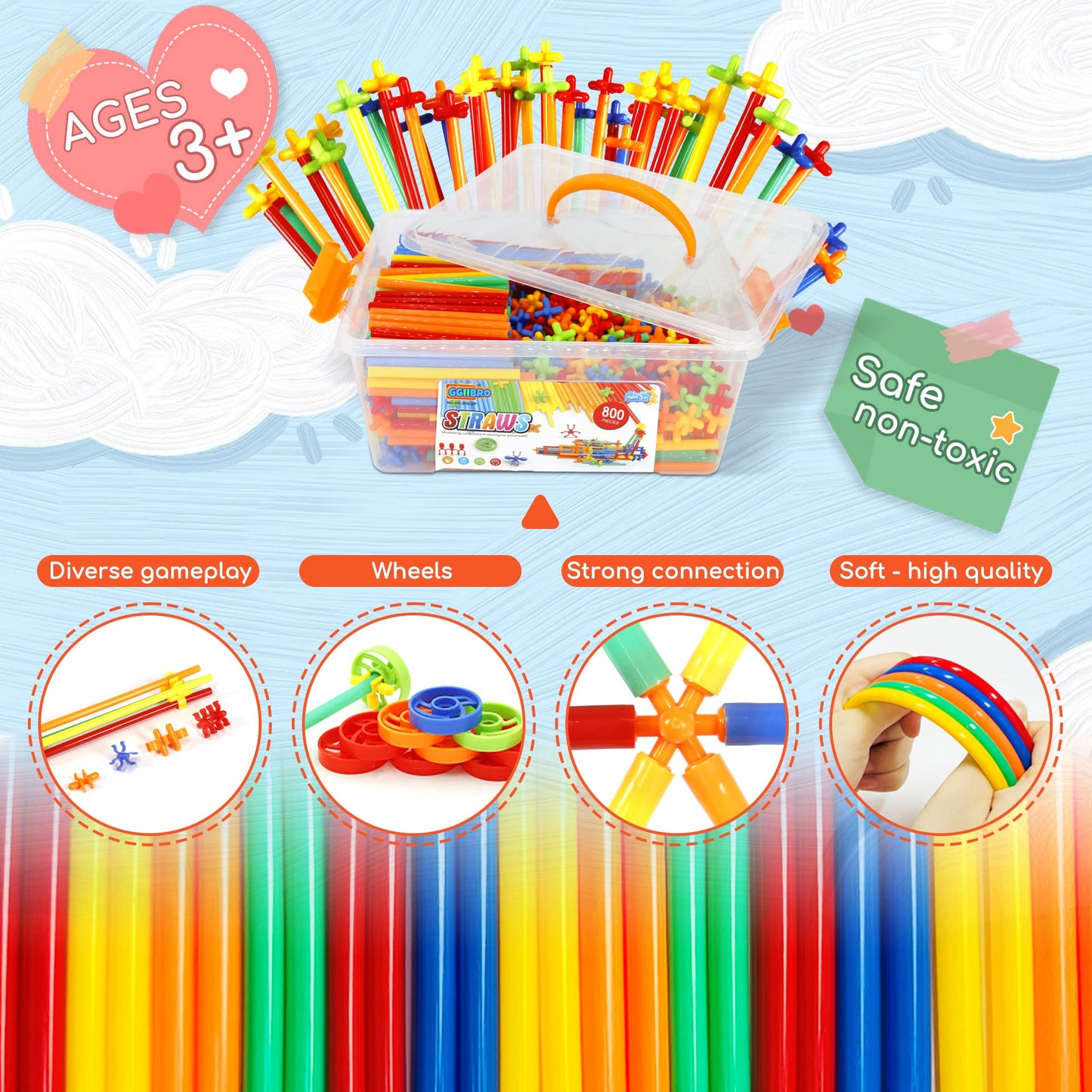 Ggiibro Straw Constructor Toys Stem Building Toys 800Pcs Toys For 3+ Year Interlocking Plastic Toys Engineering Toys Thin Tube B